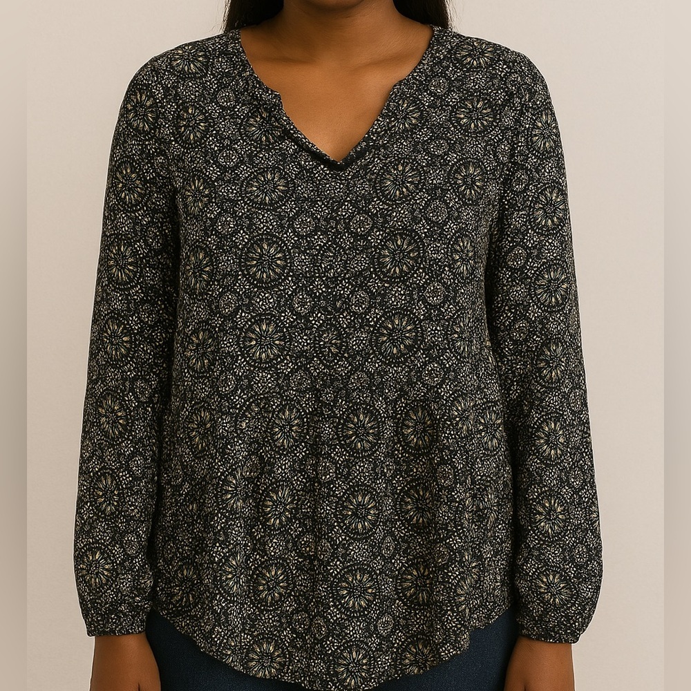 VIOLET & CLAIRE Navy Blue OLIVE Green Floral Patterned Lightweight Tunic Top M